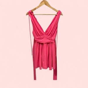 Cute bubblegum pink lucy in the sky babydoll flowy tie strings deep v top